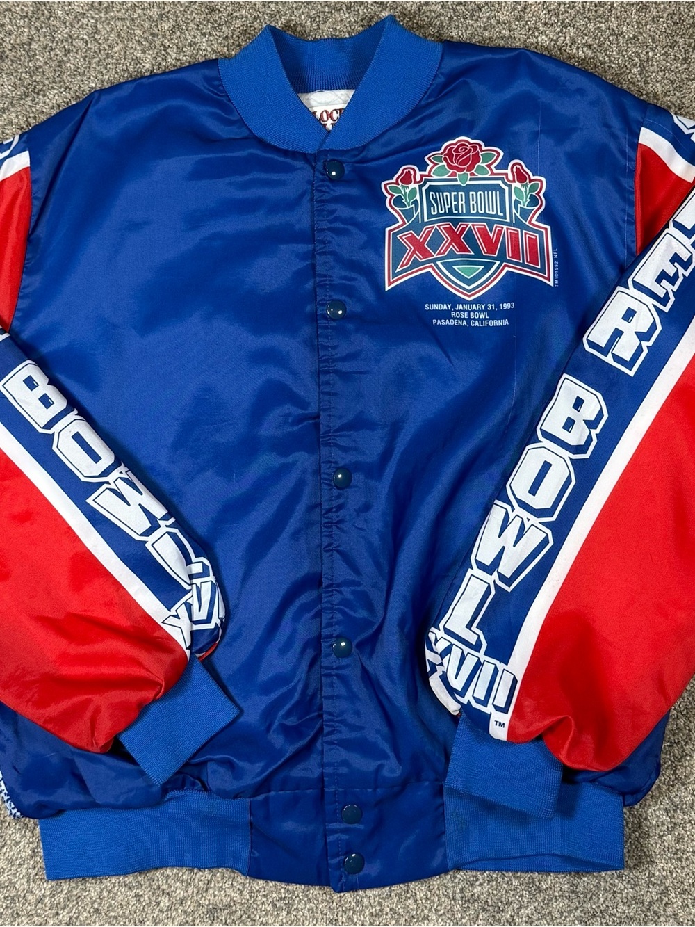 Vintage 1993 Super Bowl Satin Jacket Locker Line Made In USA Large Bills Cowboys